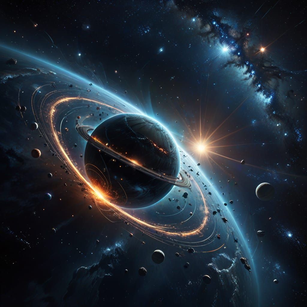 Cosmic Planet with Rings and Satellites in Deep Space