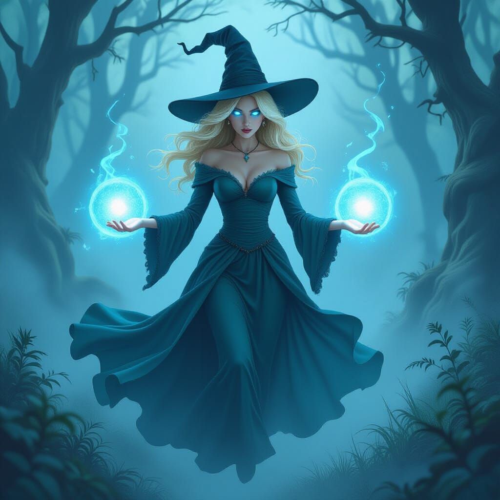 Blonde Witch with Blue Magic in Misty Forest