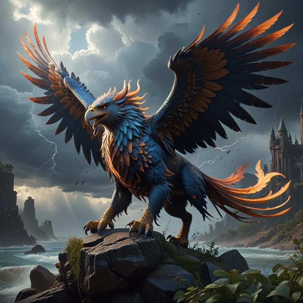 Epic Griffin Battles Stormy Skies in Fantasy Art