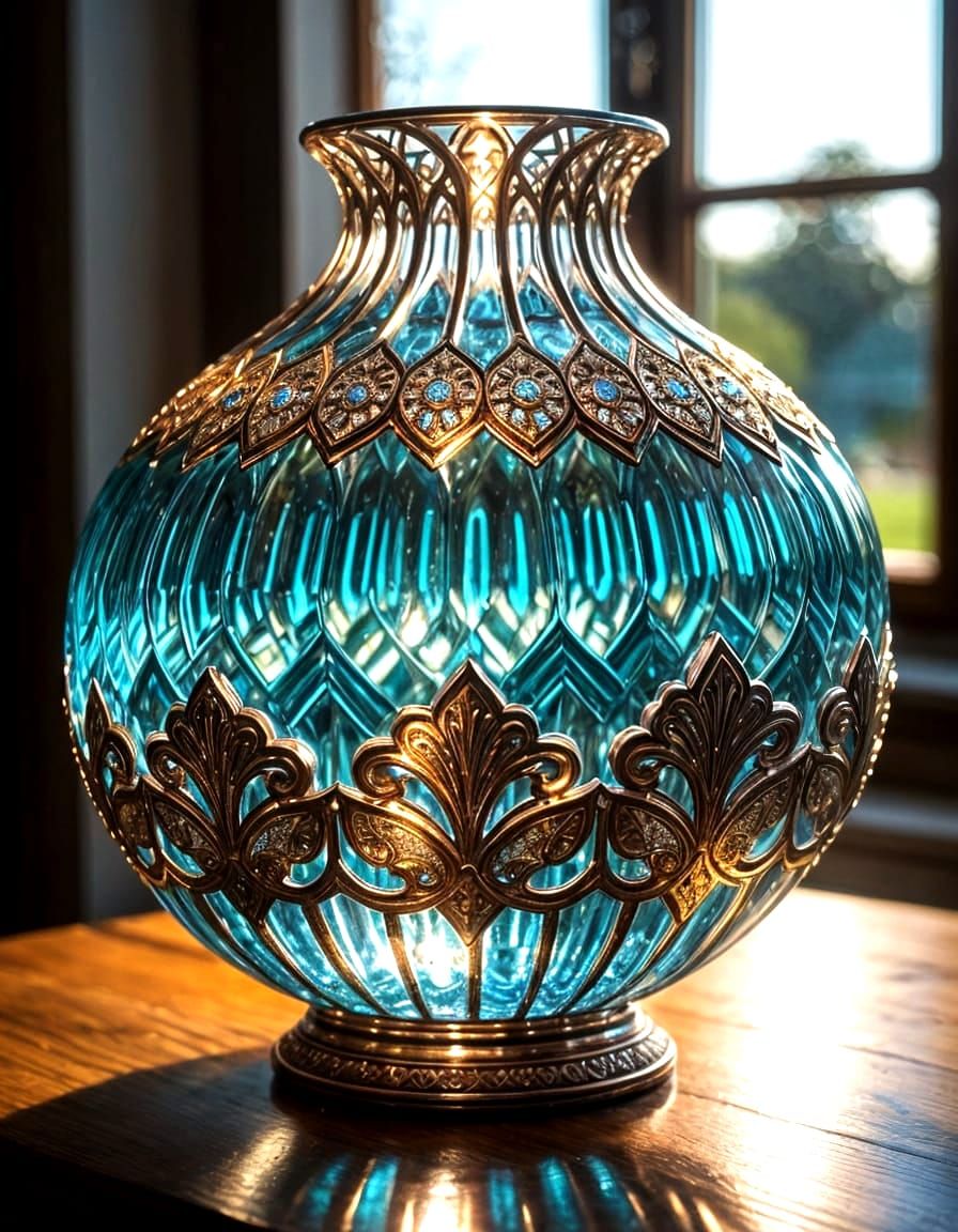 Crystal Vase with Copper Filigree in Sunlight