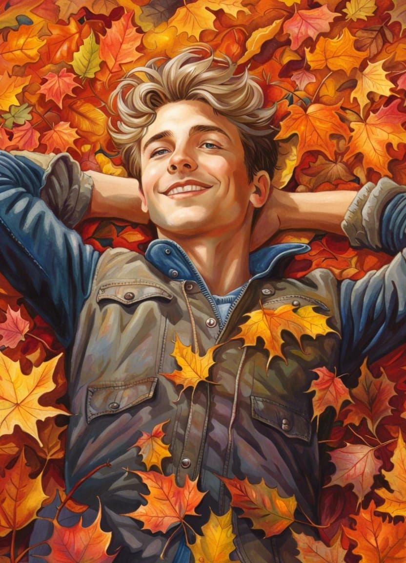Young Man in Autumn Leaves, Fantasy Art