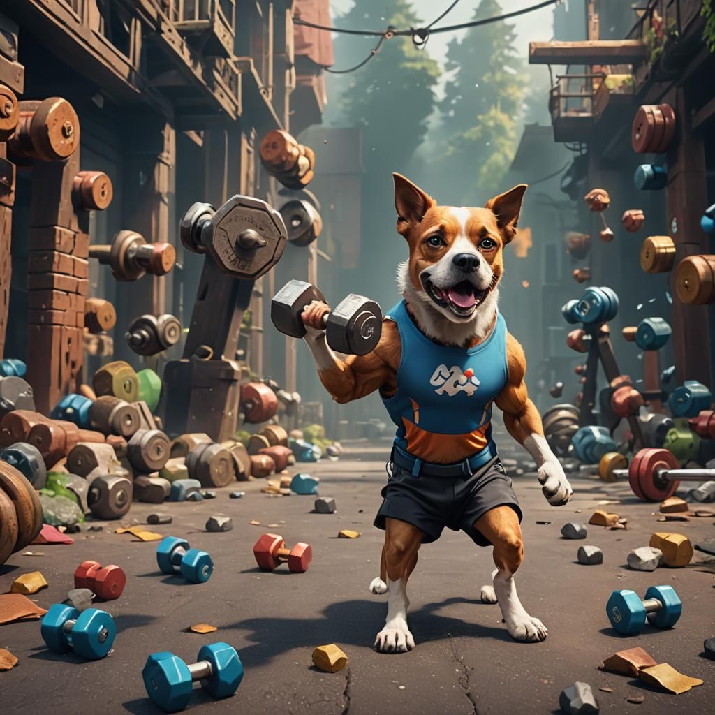 Dogs Exercising with Dumbbells: Detailed Matte Painting