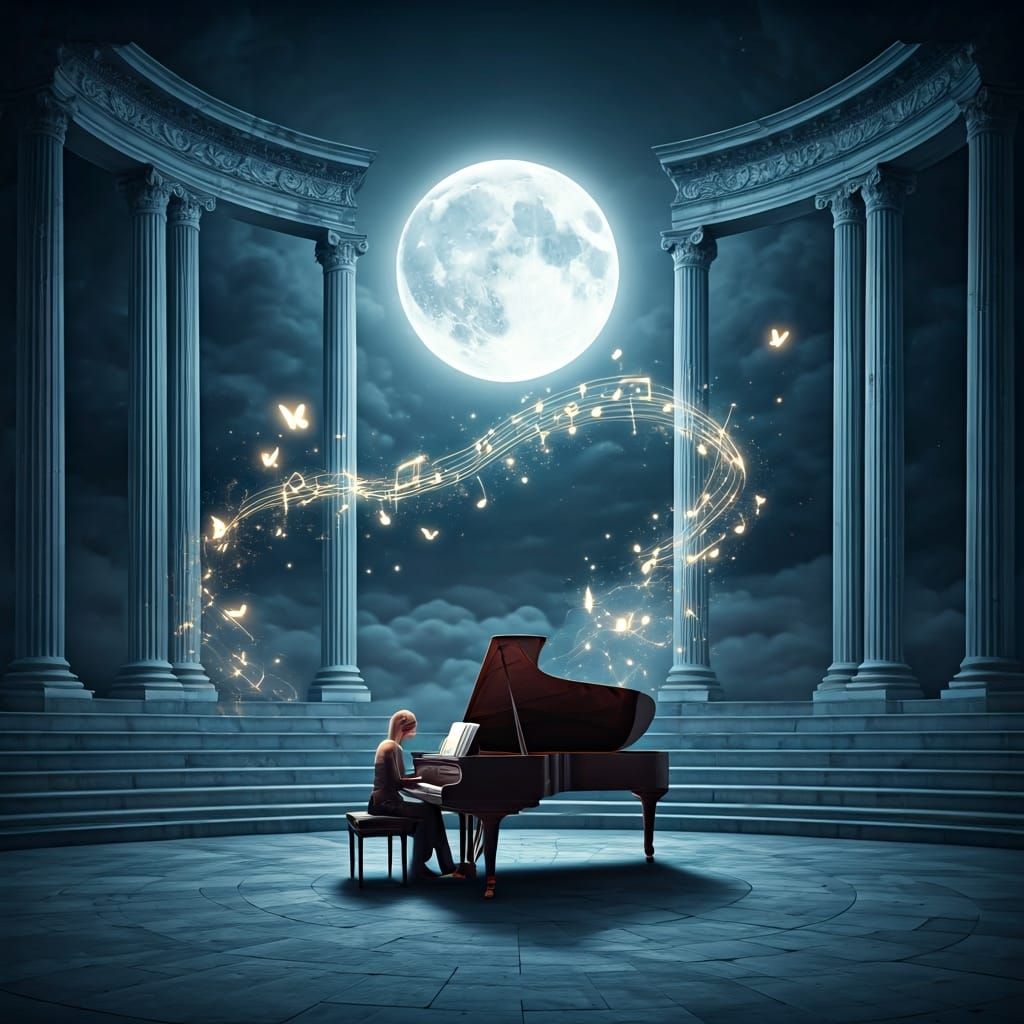 Moonlight Sonata: Pianist in Ruined Marble Amphitheater