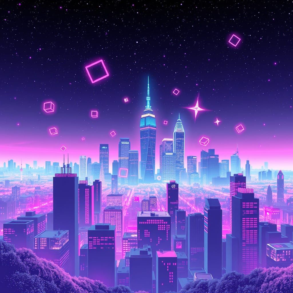 Holographic Vaporwave Cityscape with Glitchy Aesthetic