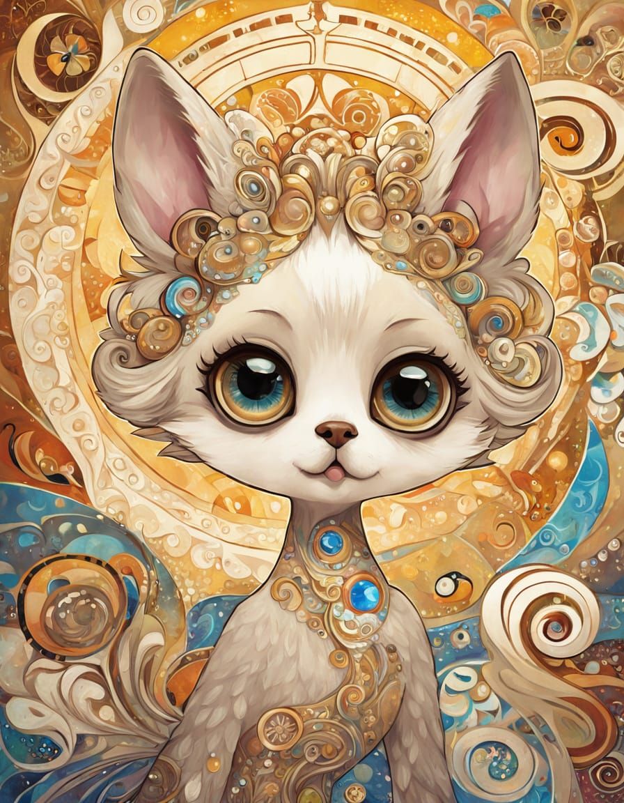 An adorable animal character with large, expressive eyes gaz...