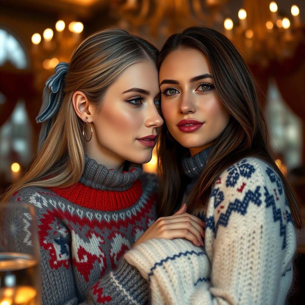 Romantic Candlelit Portrait of Two Women in Luxury Restauran...