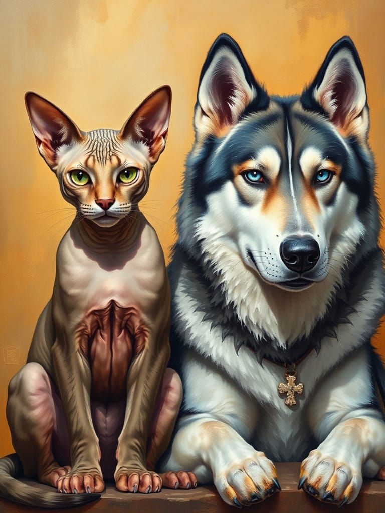 Sphinx cat and Husky