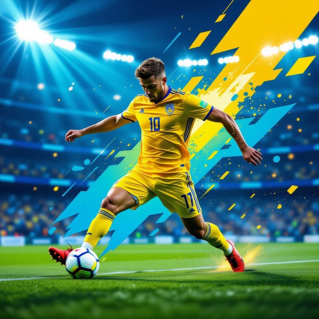 Ukrainian Football Player in Action, Hyperrealistic Style