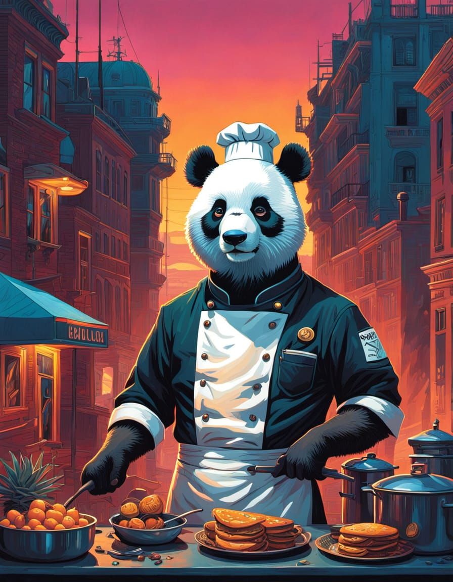 cinematic cartoon panda chef street cooking portrait
