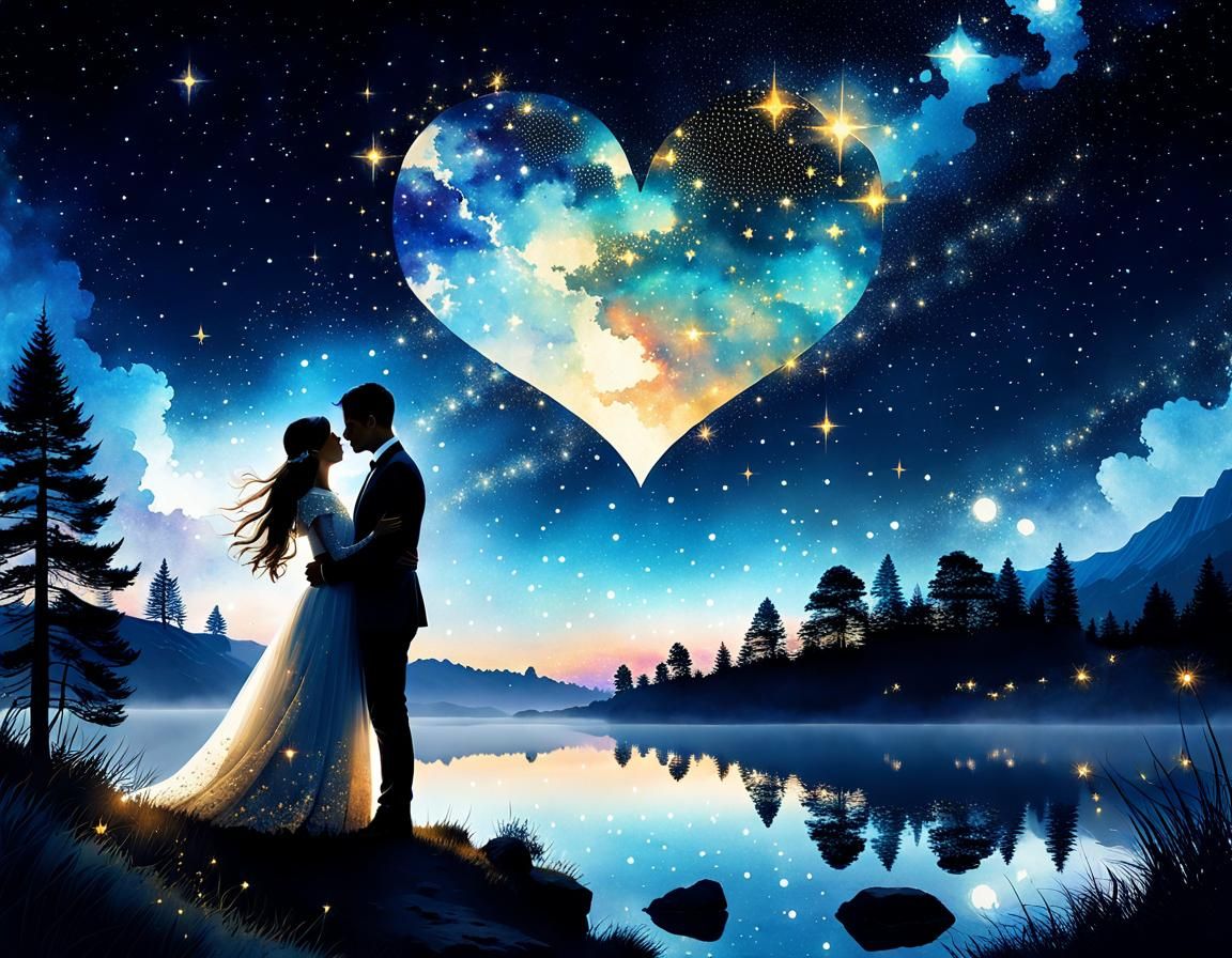 Romantic Starry Night Wedding Dreamscape Watercolor Art