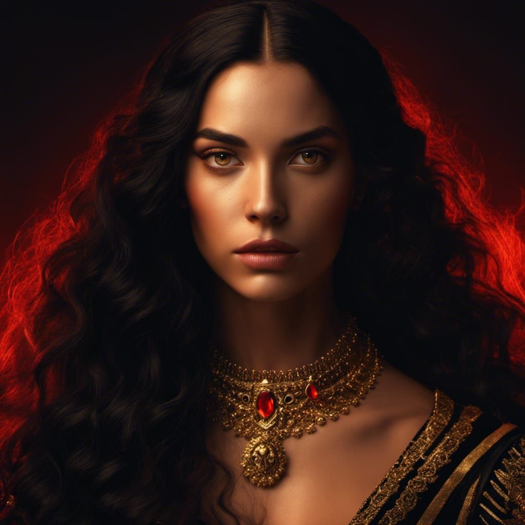 French gorgeous volatile woman of 17th century, 20 yearold,black very long hair, dark thoughts, demonic look, tanned ski...