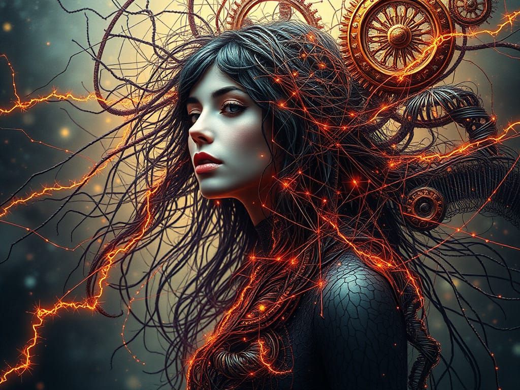 Surreal Woman Dissolves into Sacred Geometry Tapestry