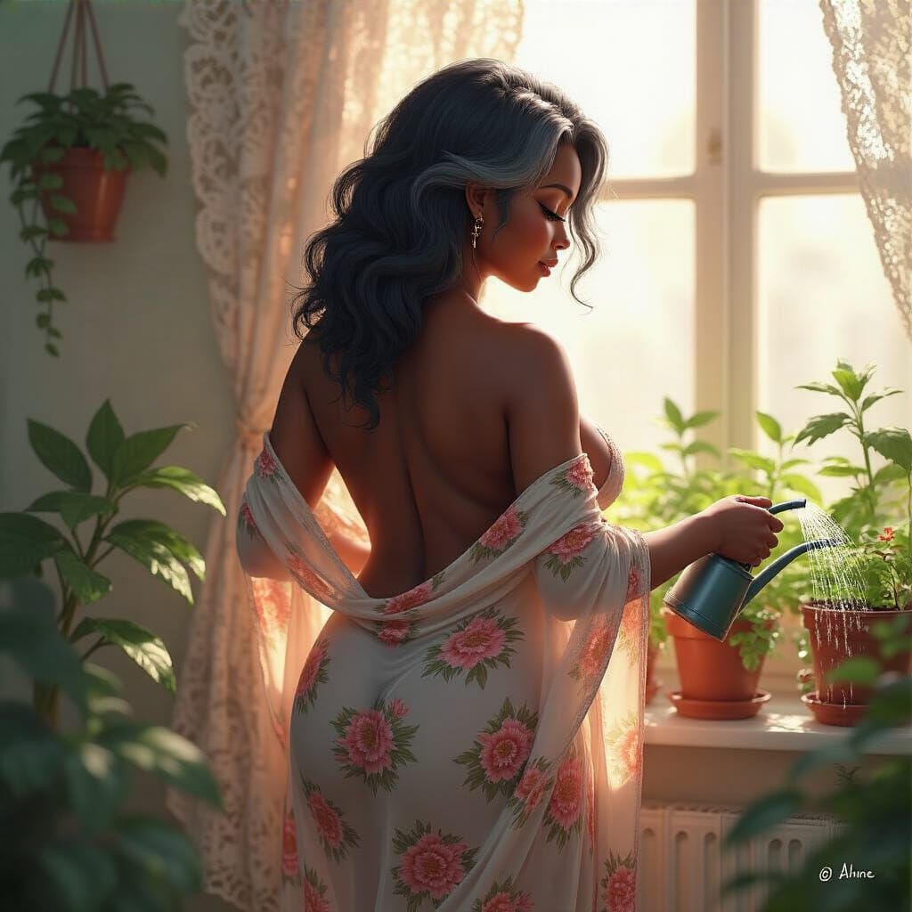 Sunlit Woman Watering Plants, Bare Back Softly Lit