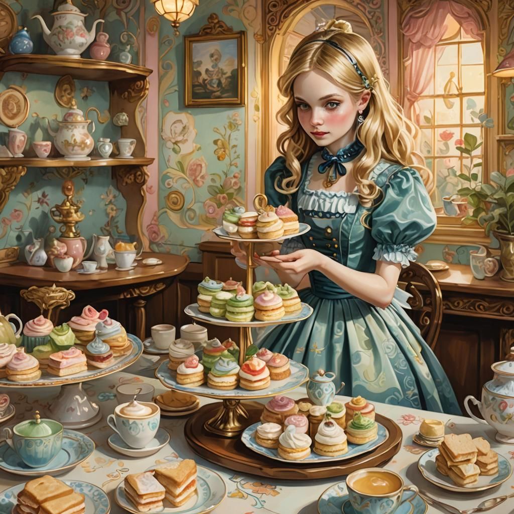 Alice in Wonderland Cafe: Whimsical Fantasy Illustration