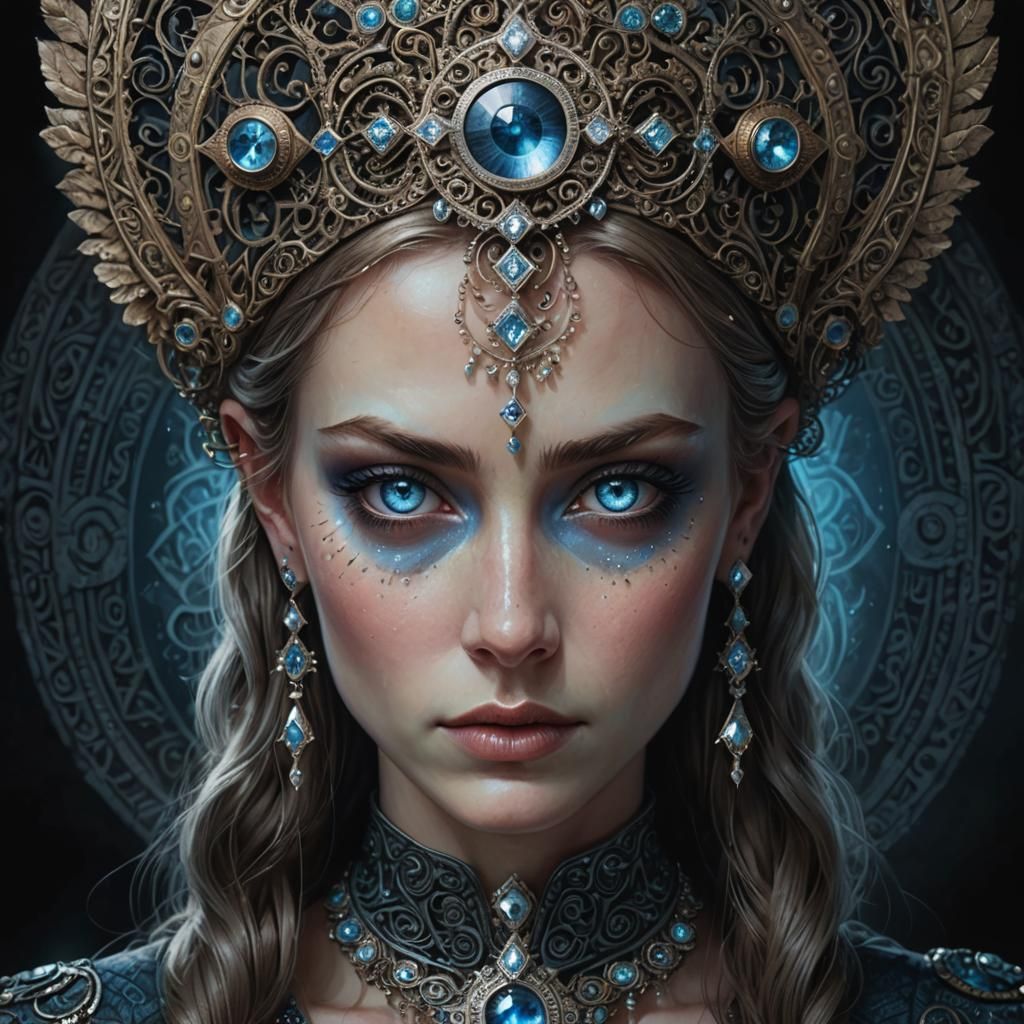 Elegant Blue-Eyed Woman with Diamond, Dark Fantasy Portrait