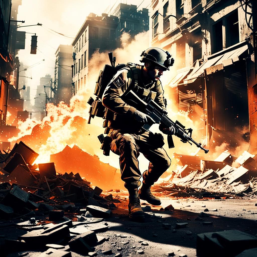 Cinematic Soldier in War-Torn Cityscape