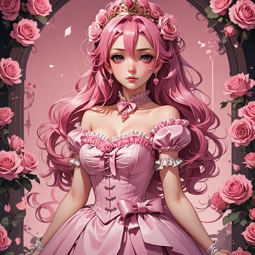 Anime Girl in Pink Corset Dress, Cel-Shaded Style