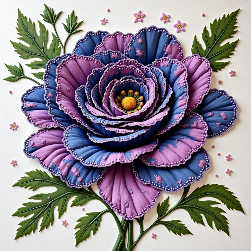 Hand-Painted Denim Flower in Folk Art Style