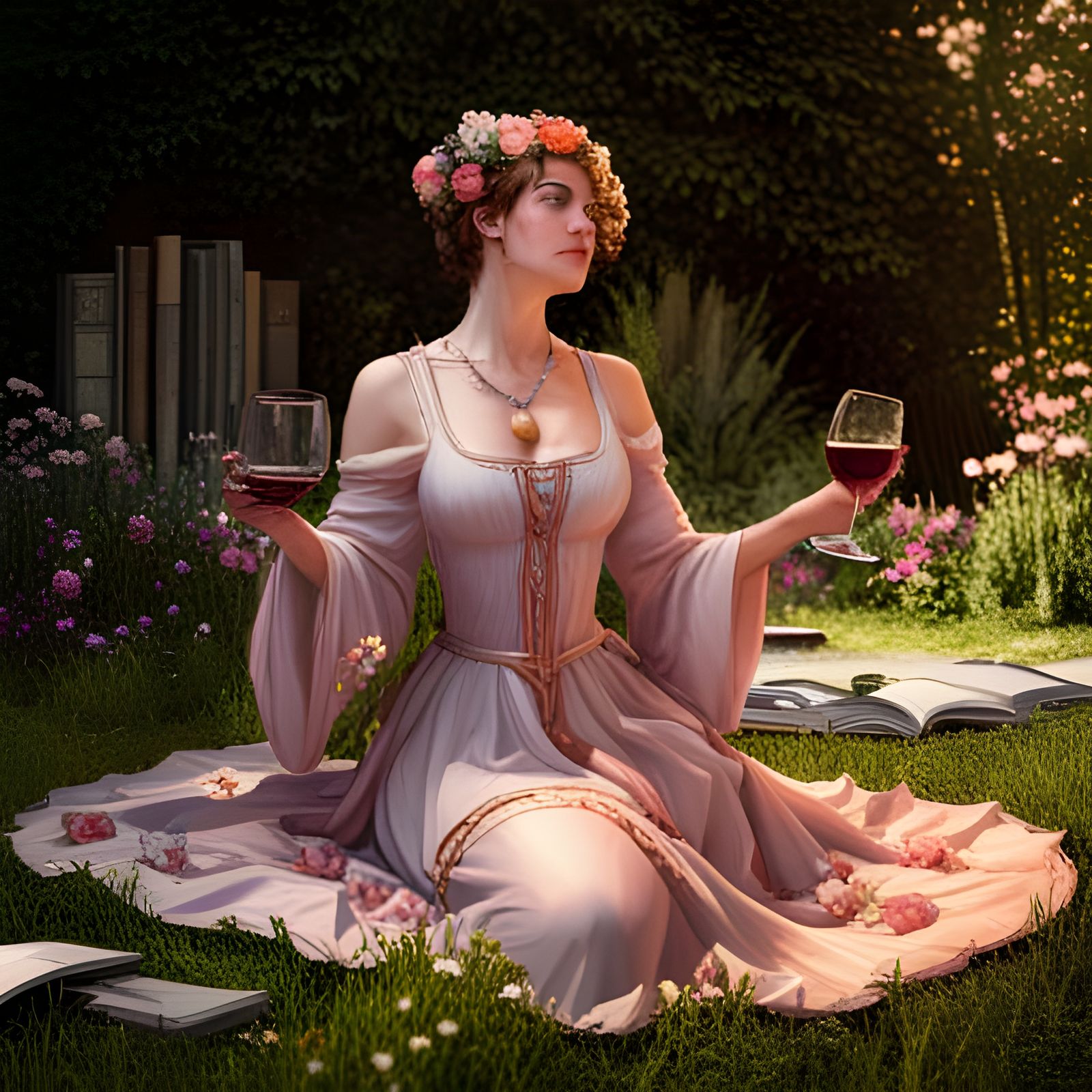 Woman Drinking Wine in Floral Garden, Art Nouveau