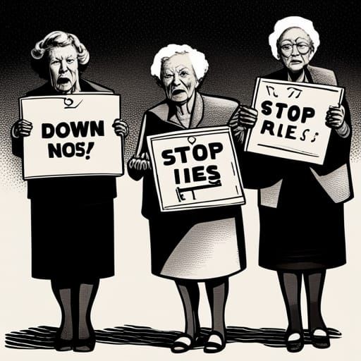 Angry Grandmothers Protest in Black and White Illustration