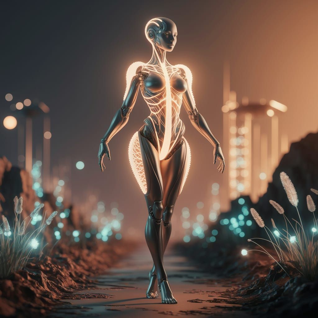 Bioluminescent Biomechanical Humanoid in Digital Art Style