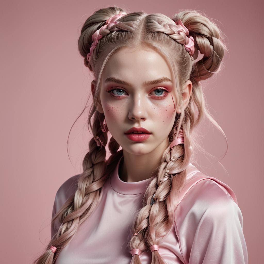 Vogue Runway Model with long Pigtails in the style of candyc...