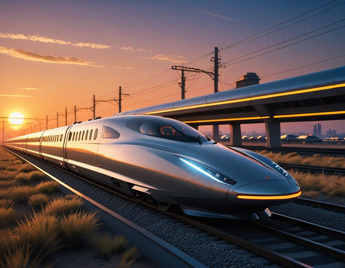 Hyper-Futuristic Bullet Train Speeds Across Savanna at Sunse...