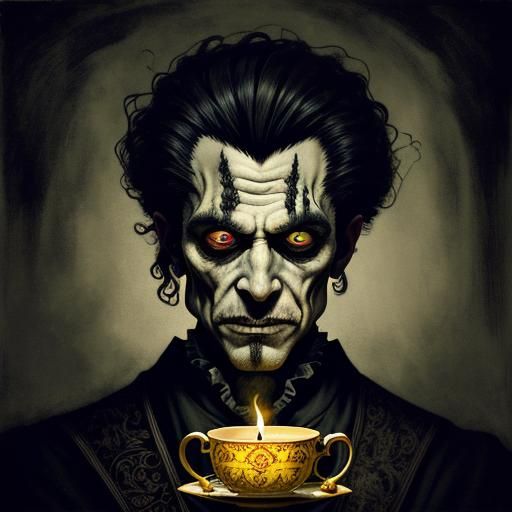 Eerie Teacup King in Dark Surrealist Style