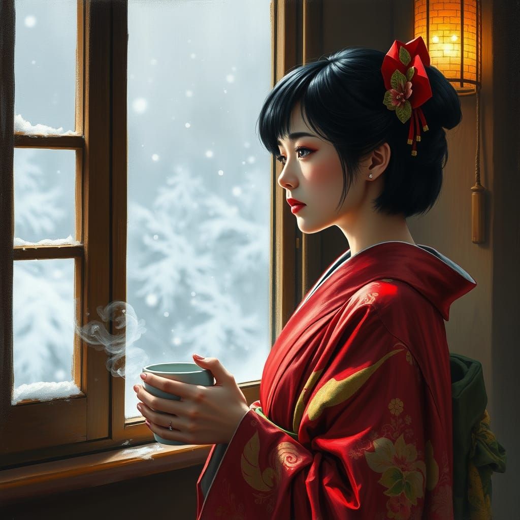 Geisha Gazing at Snowfall: Expressive Oil Painting