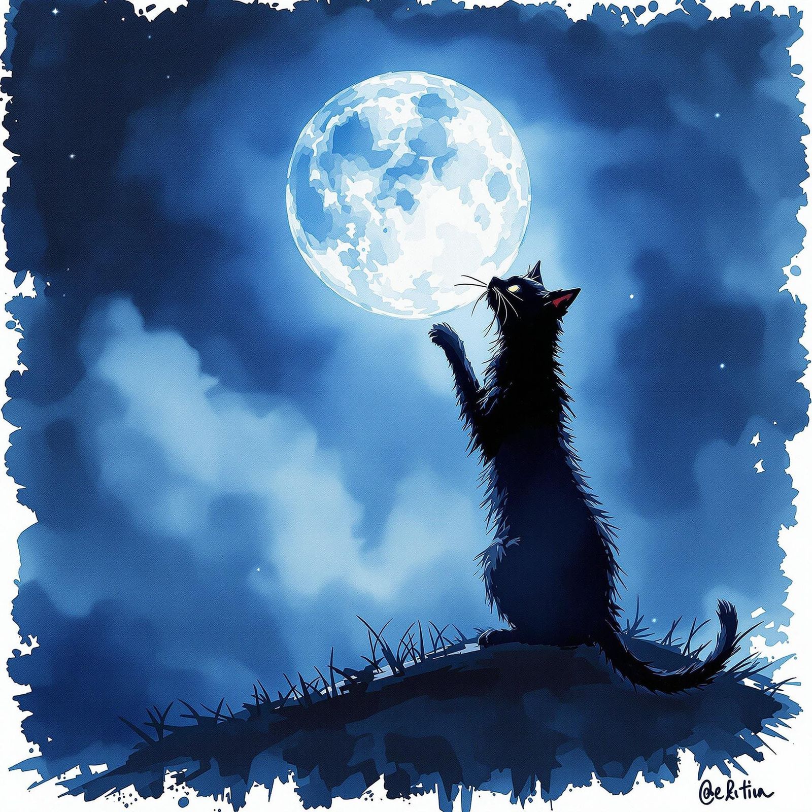 Watercolor Cat Reaching for the Moon