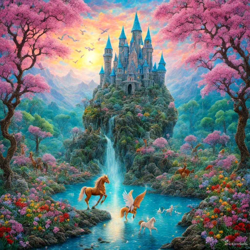 Pegasus in Flowering Forest: Ethereal Fantasy Art