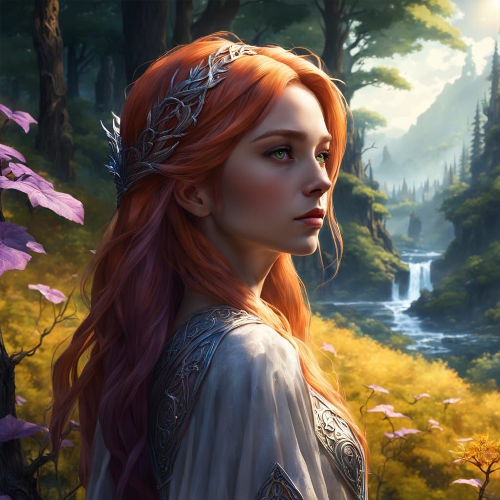 Mystical Elvish Nature Sorceress in Ethereal Forest
