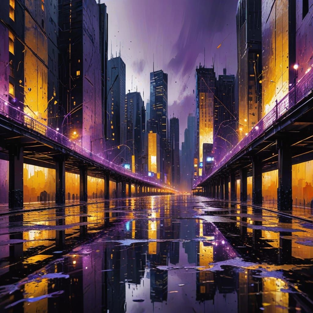 Vibrant Metropolis Cityscape in Dripping Paint Effect