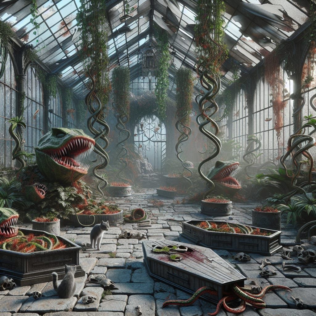 Haunted Greenhouse with Carnivorous Plants in Fantasy Horror...