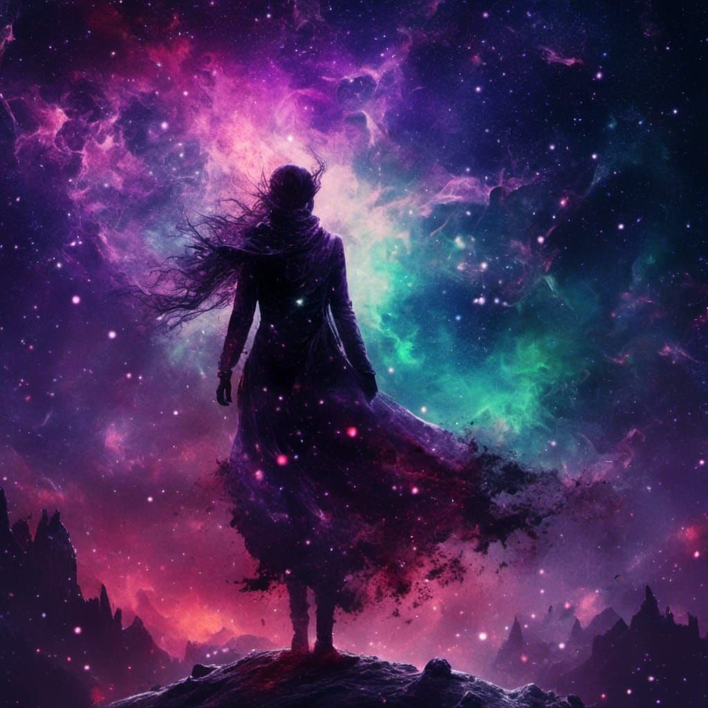 Stardust Wanderer Amidst Aurora and Magic Snowflakes