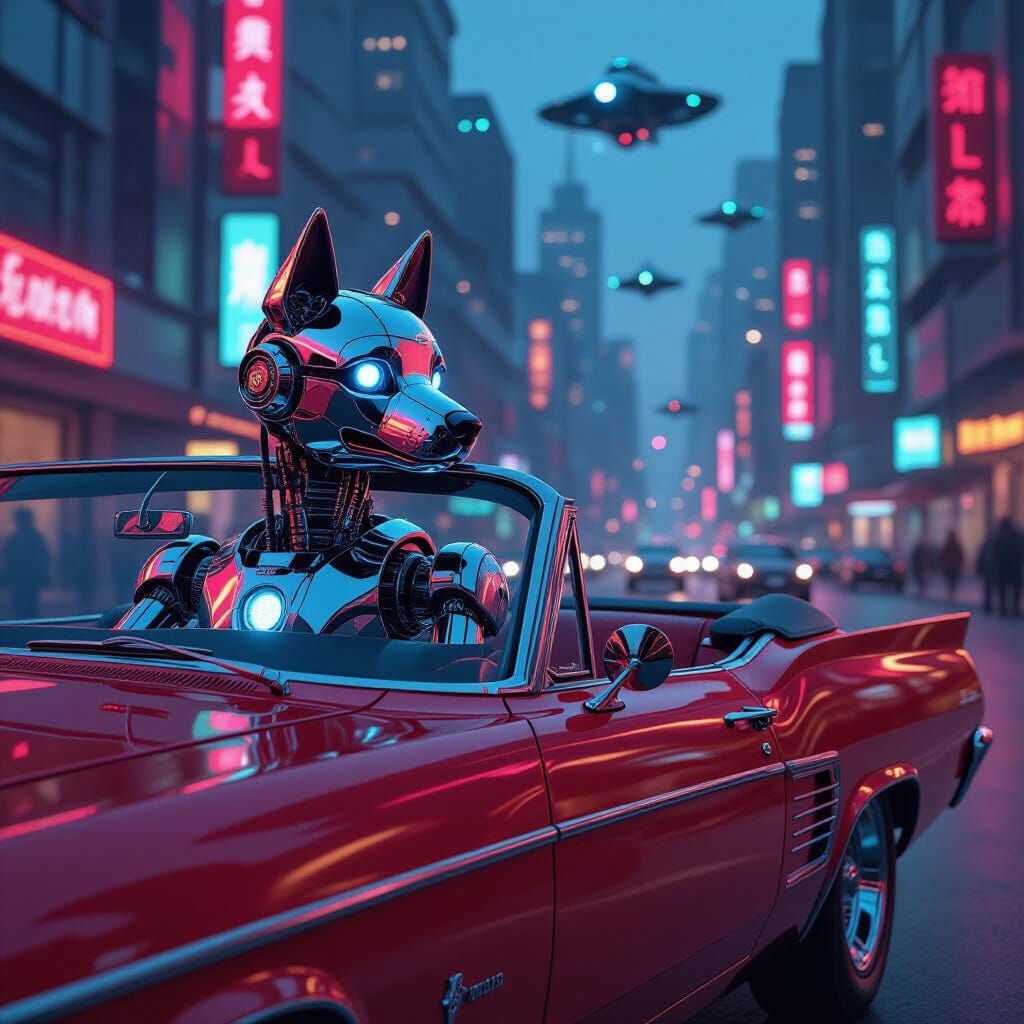 Robot Dog in Vintage Muscle Car, Futuristic Cityscape