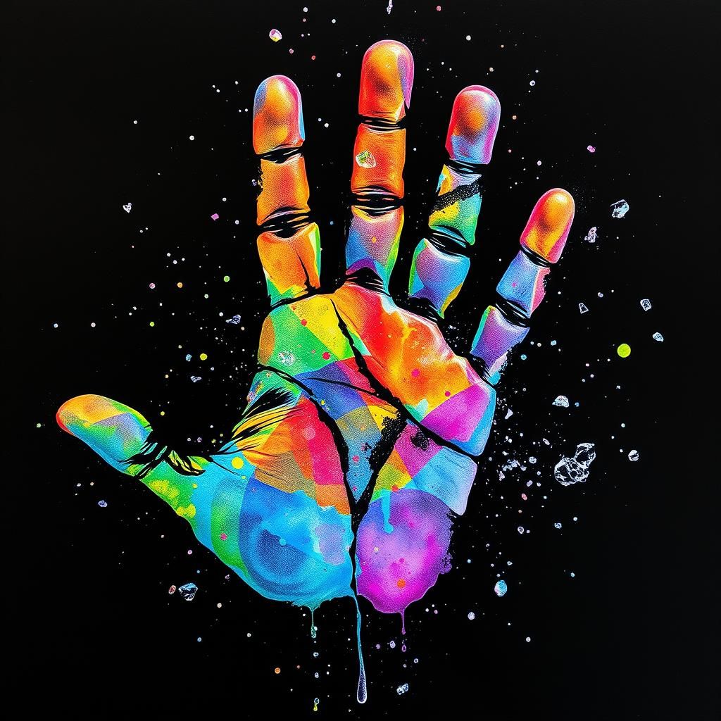 Vibrant Watercolor Handprint with Ink Splatters