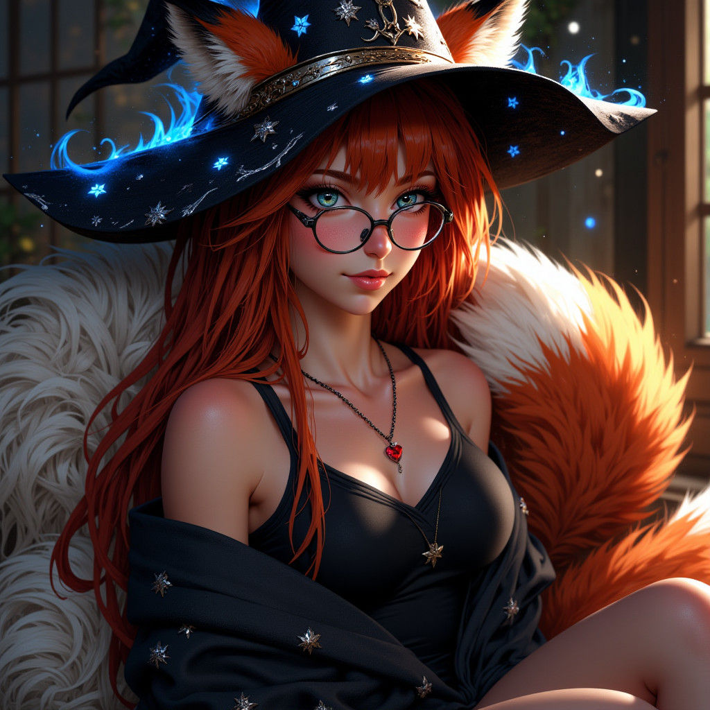 Foxgirl with Witch Hat in Anime Style