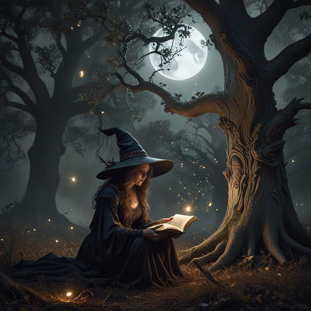 Moonlit Witch Hiding Book in Oak Shadows