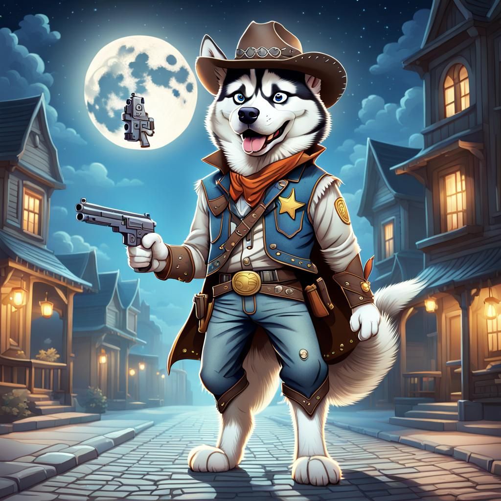 (gorgeous super cute husky dog in a cowboy costume with a gu...