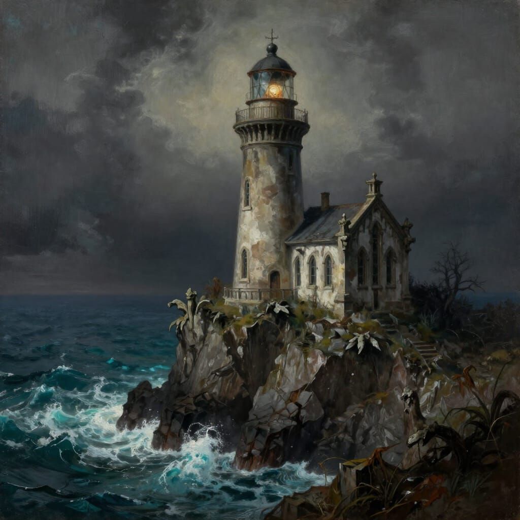 Gothic Lighthouse on Jagged Cliff Overlooking Phosphorescent...