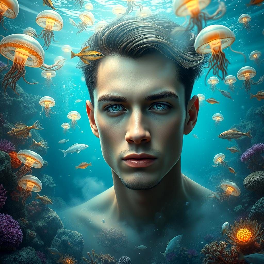 Ethereal Man in Underwater Realm: Fantasy Art