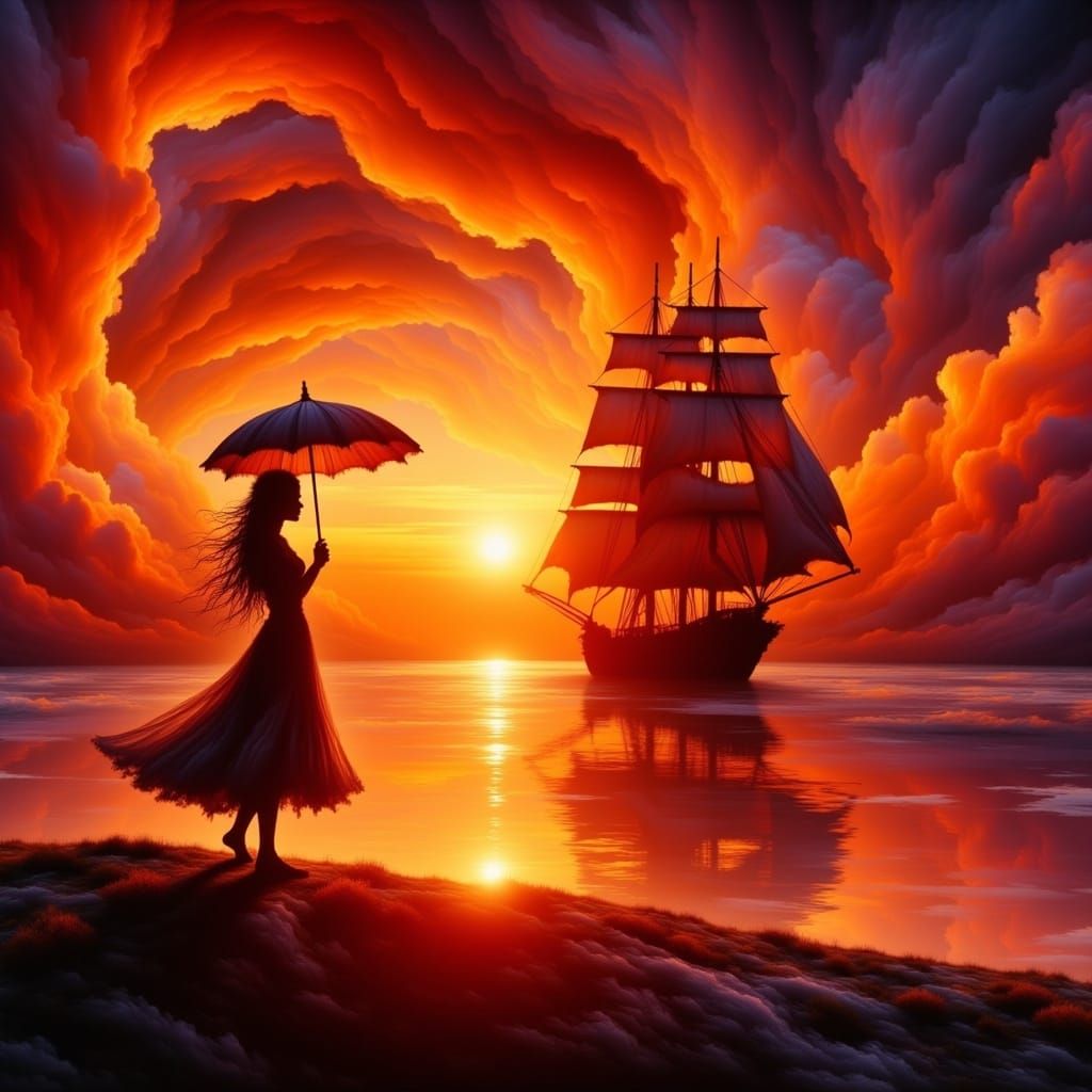 Woman in Red Sunset Seeks Husband's Ship on Shoreline