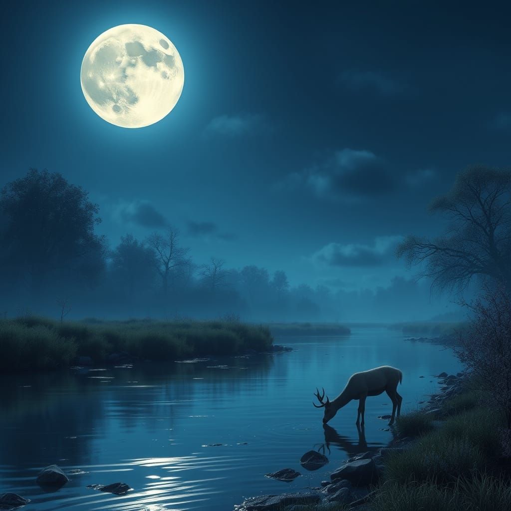 Peaceful River Scene Under Full Moonlight