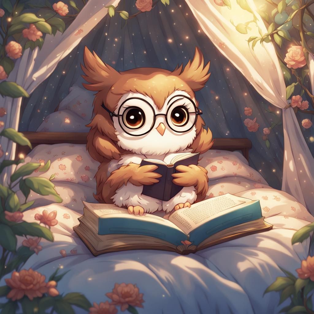 Chibi Owl Reading in Canopy Bed, Anime Style