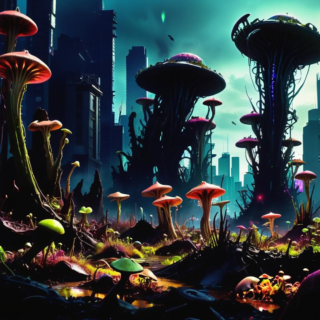 Apocalyptic Seattle Cityscape with Alien Flora