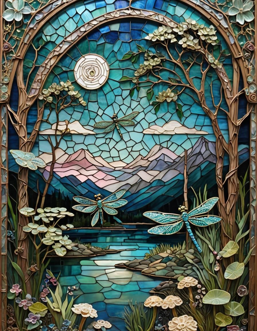 Moonlit Lake Triptych in Stained Glass Mosaic