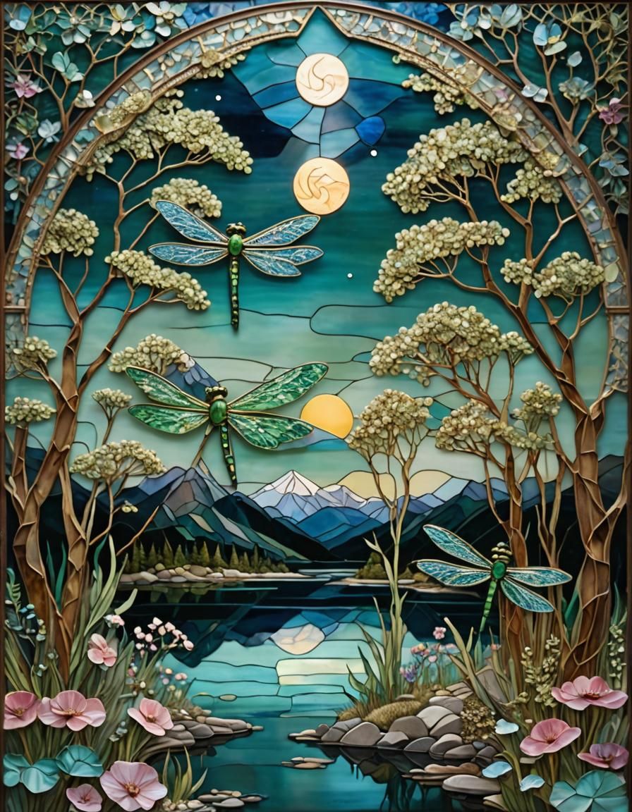 Moonlit Lake Mosaic Triptych with Golden Ratio