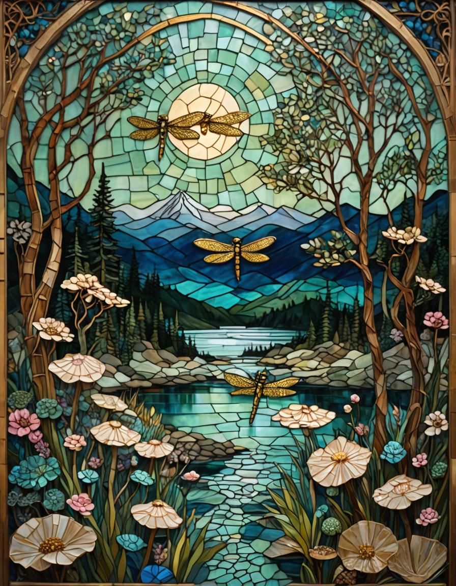 Moonlit Lake: Stained Glass Mosaic Triptych