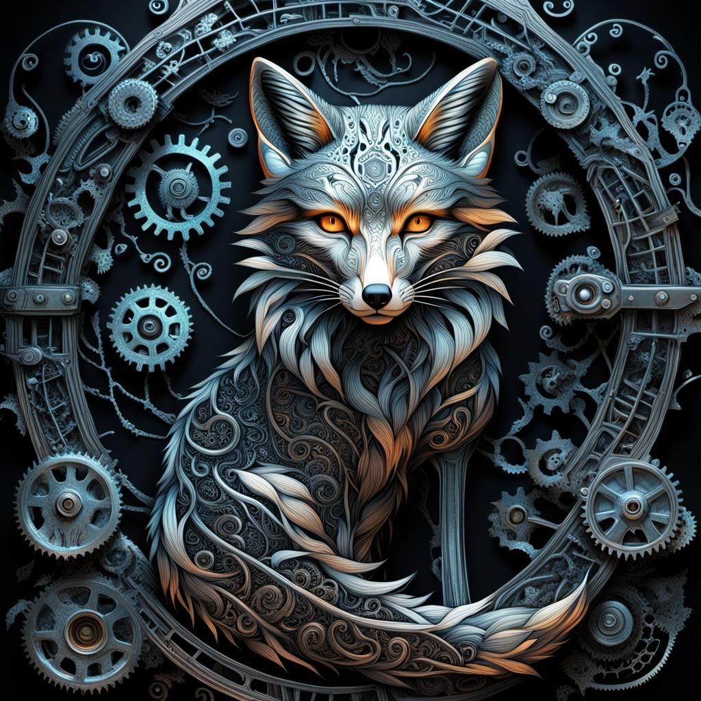 Biomechanical Fox: Metallic Vines and Integrated Tech